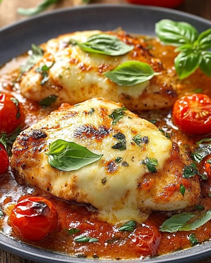 Aromatische Hähnchenfilets in Tomaten-Käse-Soße serviert auf einem weißen Teller