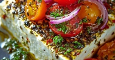 Gebackener Feta-Käse im griechischen Stil, serviert mit Kräutern und Olivenöl.