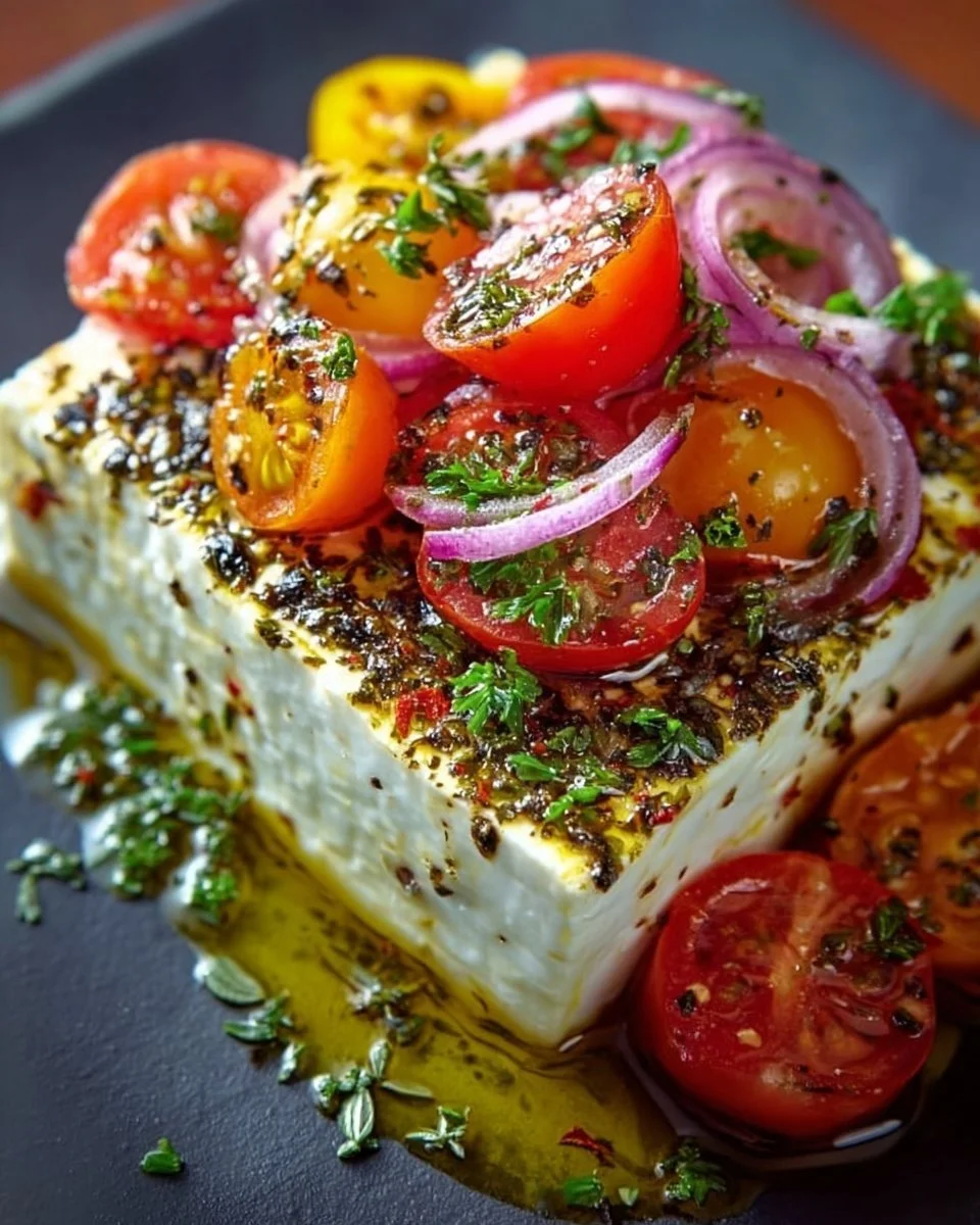 Gebackener Feta-Käse im griechischen Stil, serviert mit Kräutern und Olivenöl.