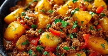 Leckeres Bauerntopf-Gericht mit Gemüse und Fleisch auf einem Teller serviert.