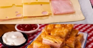 Blätterteig mit Käse und Schinken auf einem Teller serviert