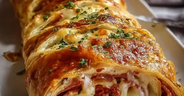 Leckeres Blätterteig-Stromboli, frisch gebacken und gefüllt mit schmackhaften Zutaten.