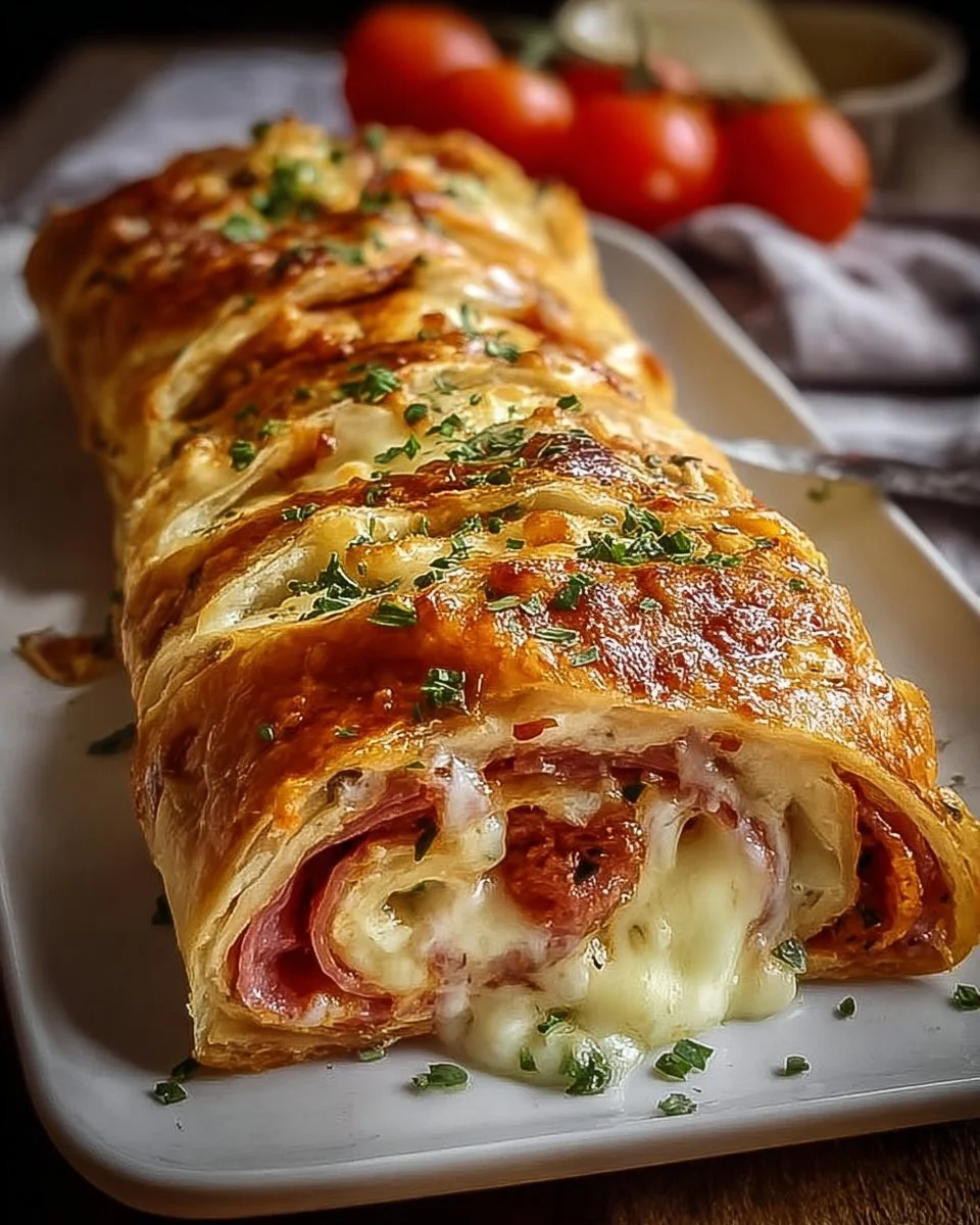 Leckeres Blätterteig-Stromboli, frisch gebacken und gefüllt mit schmackhaften Zutaten.