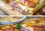 Blätterteigstrudel mit Schinken und Käse auf einem Teller serviert