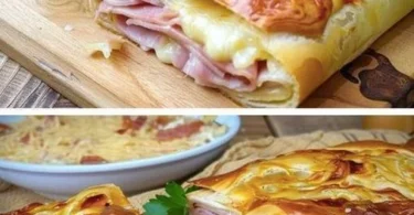 Blätterteigstrudel mit Schinken und Käse auf einem Teller serviert