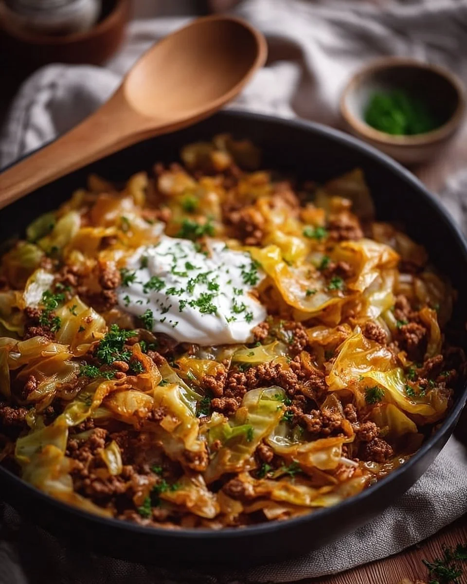 Leckere Spitzkohl-Hackfleisch-Pfanne in einer Pfanne zubereitet