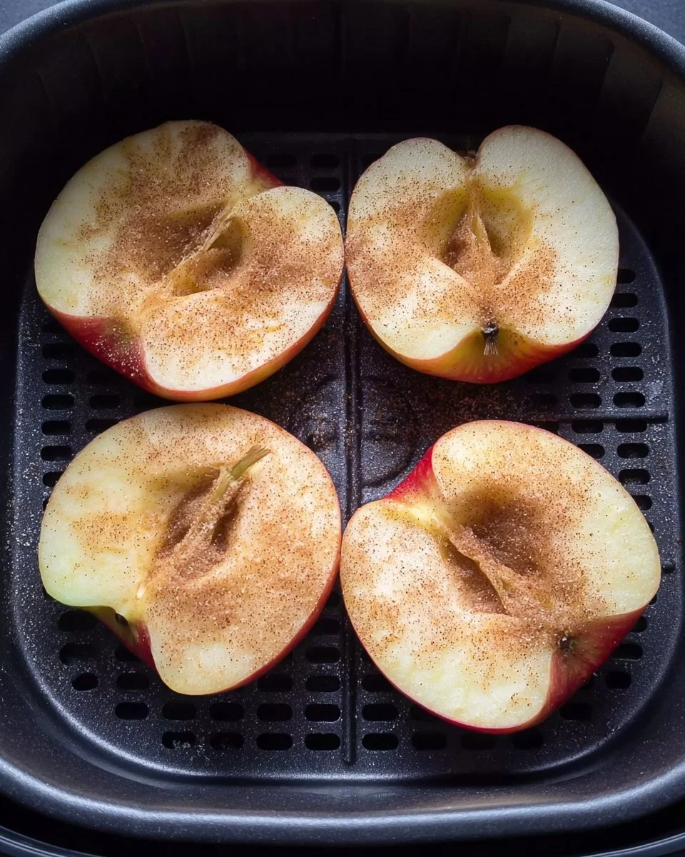 Bratapfel zubereitet in der Heißluftfritteuse mit Gewürzen und Nüssen