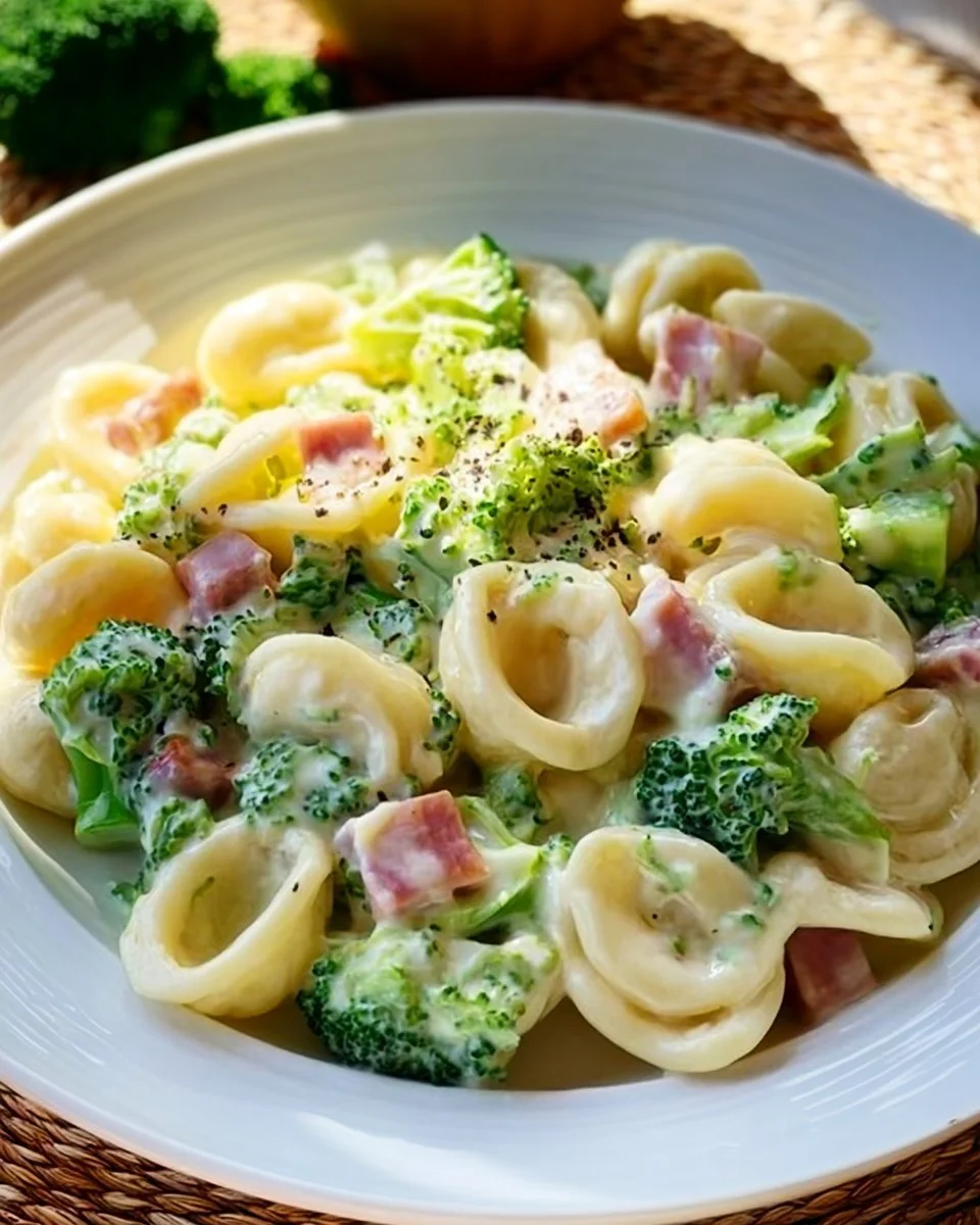 Leckere Brokkoli Schinken Pasta serviert in einer weißen Schale.