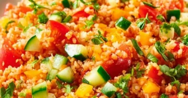 Bulgursalat mit frischen Gemüse und Kräutern, gesunde Beilage oder Hauptgericht