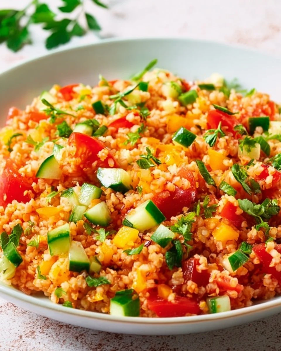Bulgursalat mit frischen Gemüse und Kräutern, gesunde Beilage oder Hauptgericht