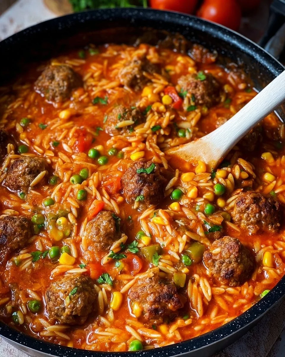 Bunte Orzo-Pfanne mit Hackbällchen und Gemüse auf einem Teller serviert.