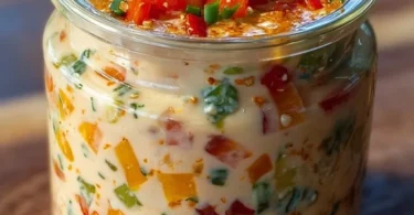 Bunter Party-Dip in einer Schüssel, ideal für Partys und gesellige Anlässe.