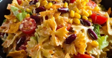 Bunter Taco-Nudelsalat mit Crunch in einer Schale präsentiert