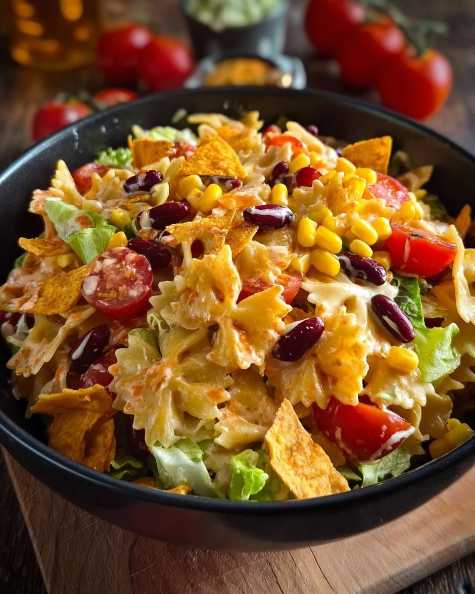 Bunter Taco-Nudelsalat mit Crunch in einer Schale präsentiert
