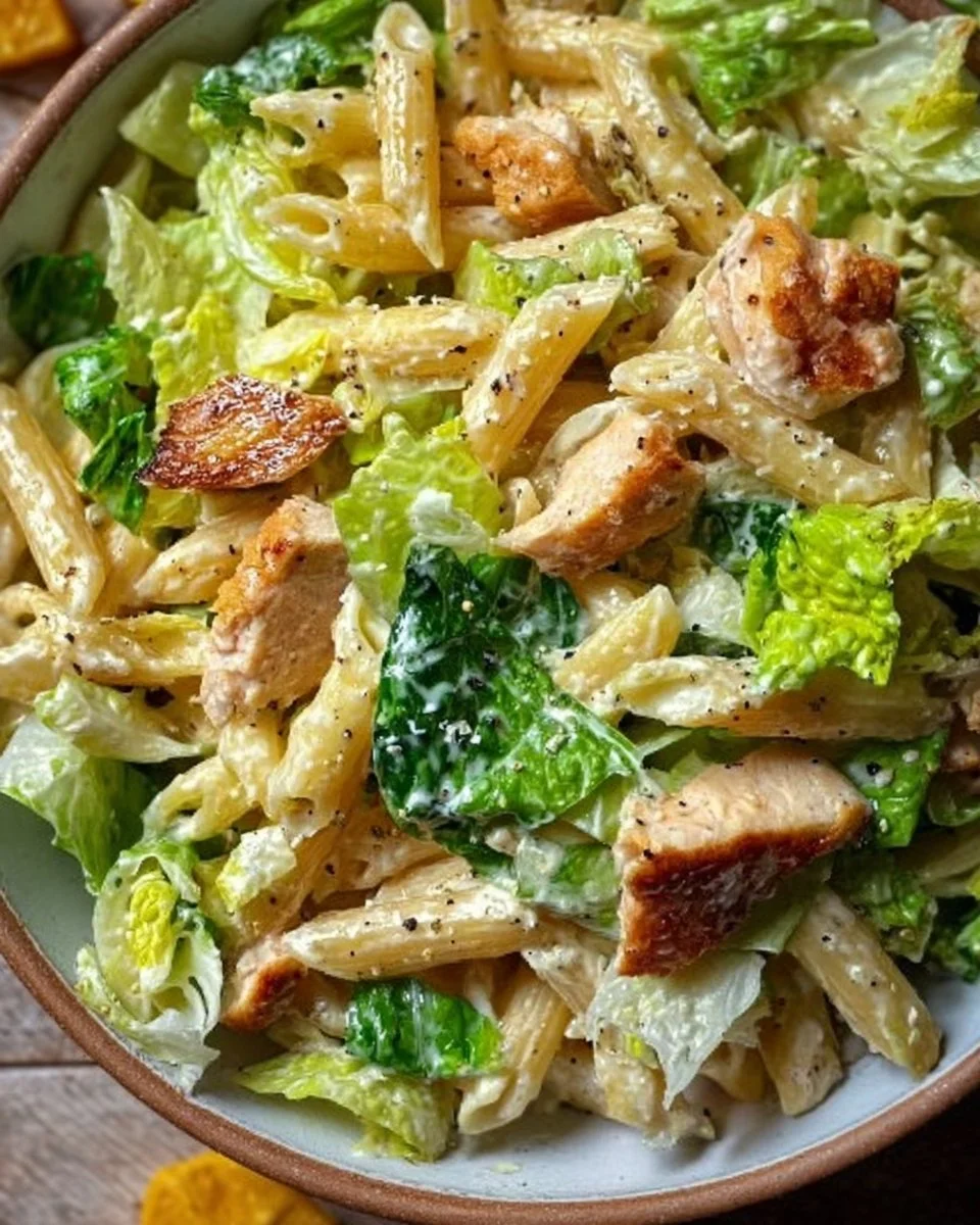 Caesar Nudelsalat mit frischem Römersalat und köstlichem Dressing
