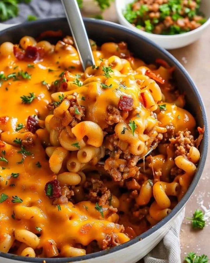 Leckere Cheeseburger Pfanne mit saftigen Burgern und frischem Gemüse