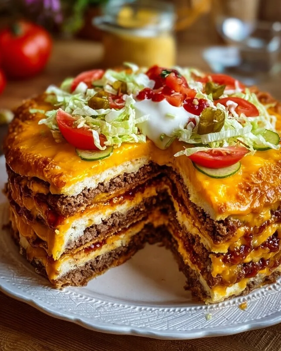 Deliziosa Cheeseburger-Torte, perfekt für Partys und besondere Anlässe.