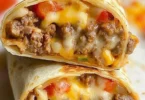 Leckerer Cheeseburger-Wrap mit frischen Zutaten serviert auf einem Teller.
