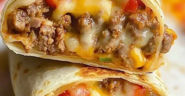 Leckerer Cheeseburger-Wrap mit frischen Zutaten serviert auf einem Teller.