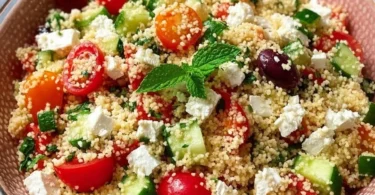 Couscous-Salat mit Feta und frischem Gemüse auf einem Teller serviert.