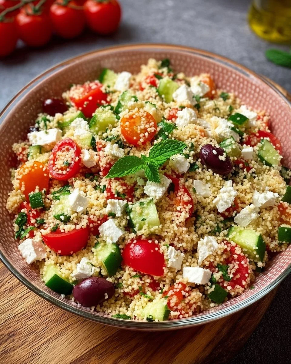 Couscous-Salat mit Feta und frischem Gemüse auf einem Teller serviert.