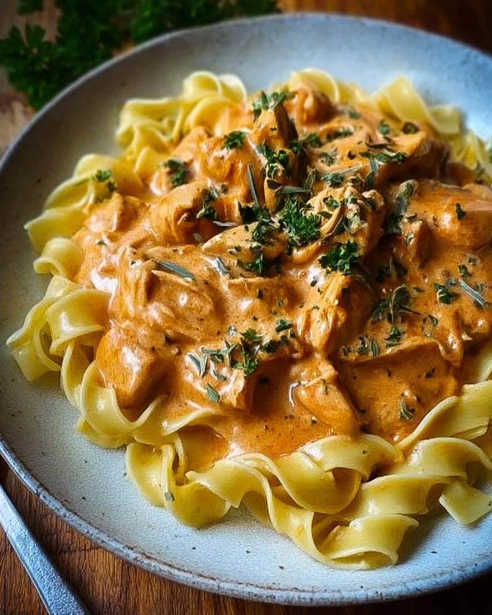 Cremiges Hähnchenragout mit Bandnudeln auf einem Teller angerichtet
