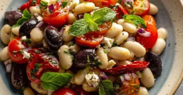 Dicker Bohnen Salat nach griechischer Art mit frischem Gemüse und Kräutern