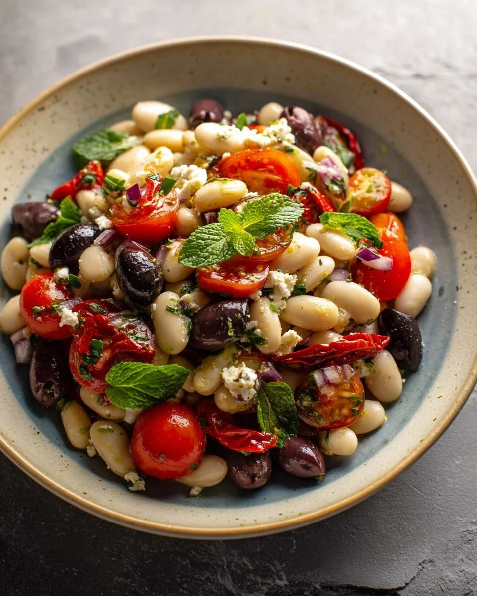 Dicker Bohnen Salat nach griechischer Art mit frischem Gemüse und Kräutern