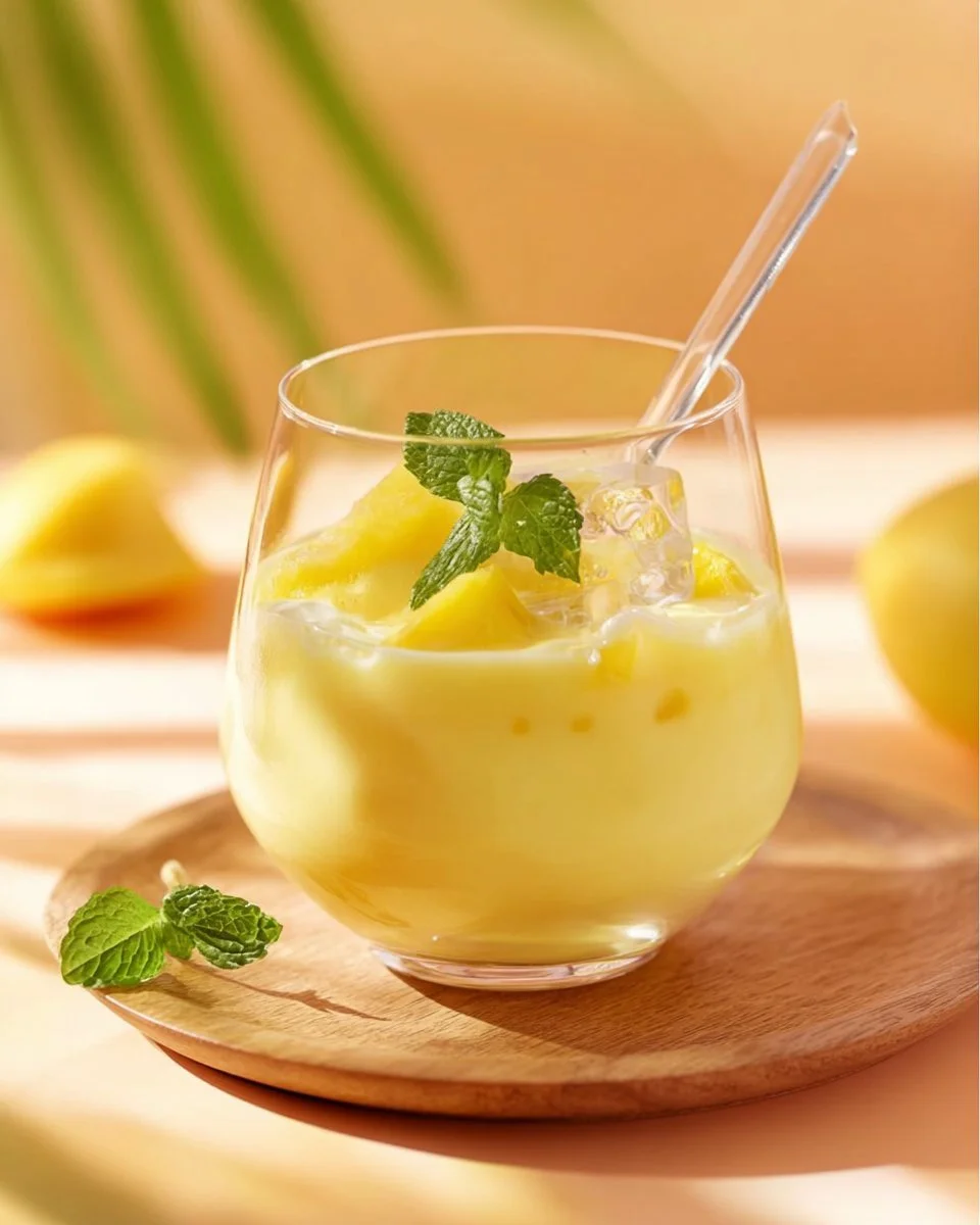 Eierlikörbowle mit Ananas und Sekt in einem Glas, dekoriert mit Früchten