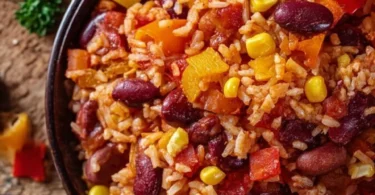 Ein-Pfannen-Reis mit Paprika, Bohnen und Mais auf einem Teller.