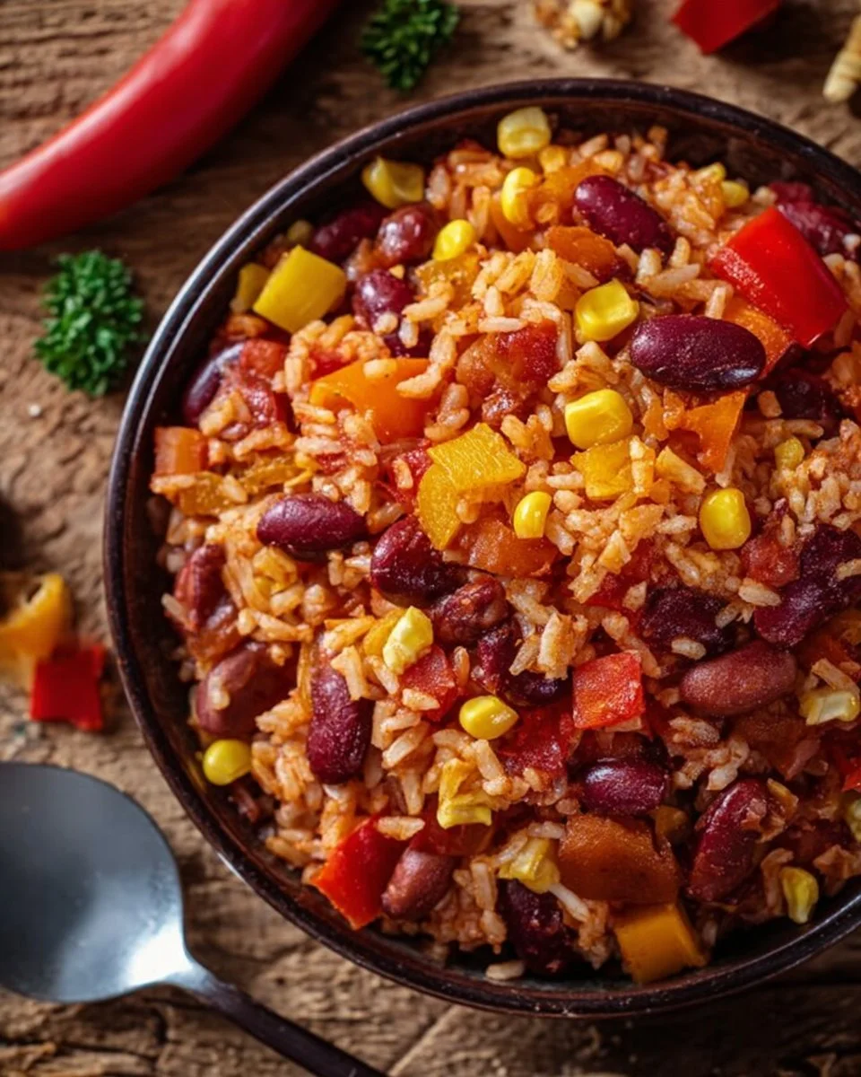 Ein-Pfannen-Reis mit Paprika, Bohnen und Mais auf einem Teller.