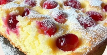 Saftiger Blechkuchen mit Kirschen auf einem Teller serviert.
