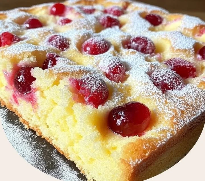 Saftiger Blechkuchen mit Kirschen auf einem Teller serviert.