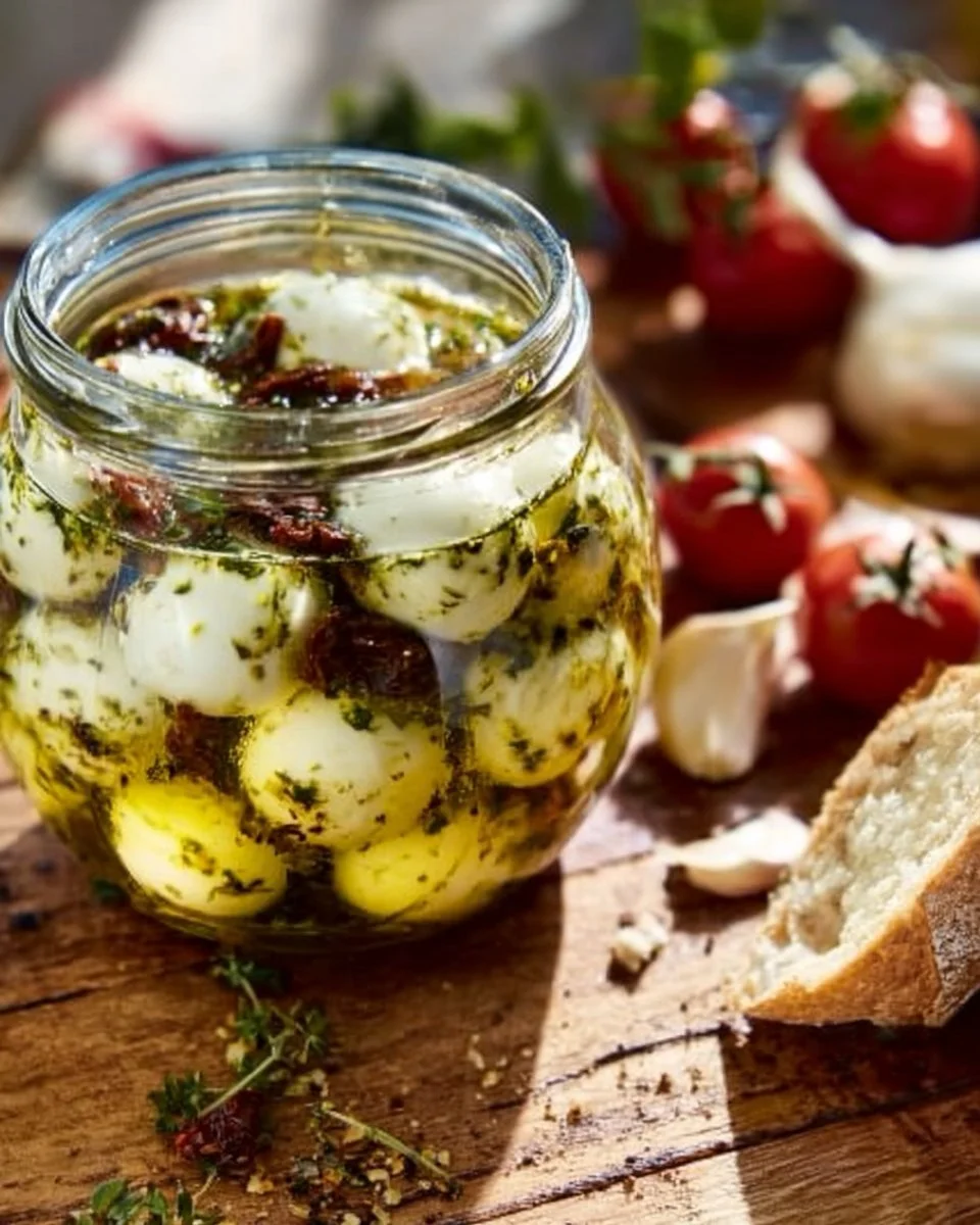 Eingelegter Mozzarella in Olivenöl mit Kräutern und Gewürzen