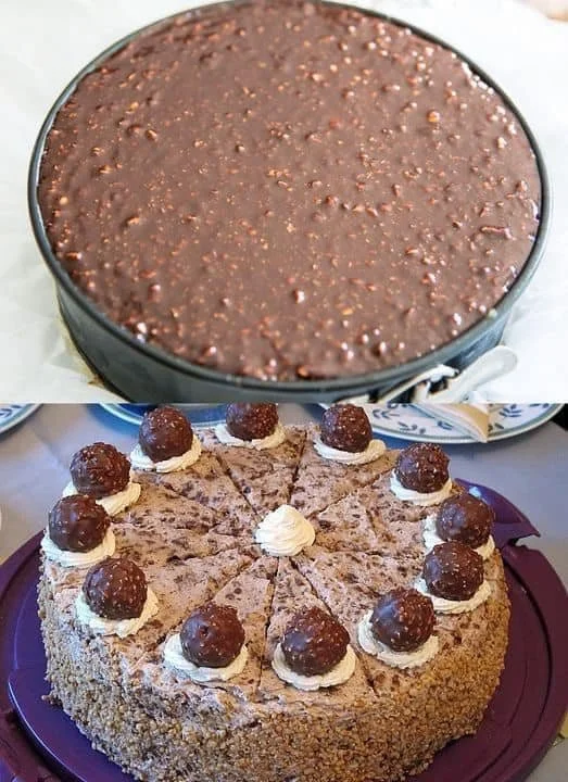 Leckere Ferrero Rocher Torte ohne Backen mit Schokoladenschicht und Nüssen.