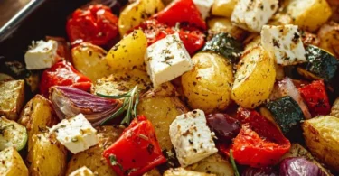 Feta-Kartoffeln mit buntem Ofengemüse auf einem weißen Teller.