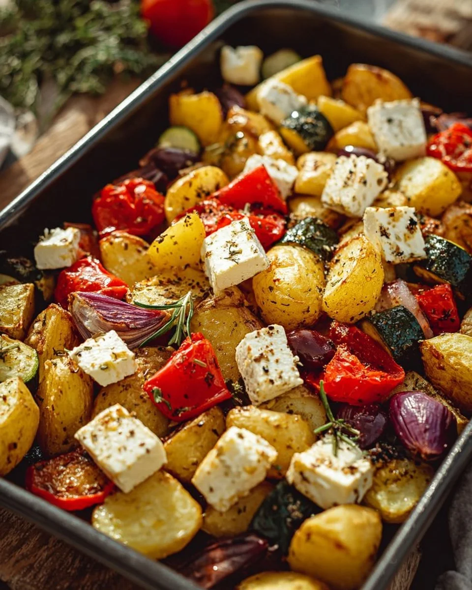 Feta-Kartoffeln mit buntem Ofengemüse auf einem weißen Teller.