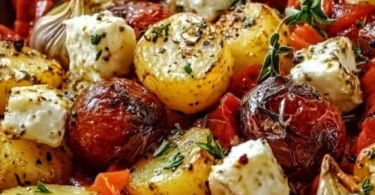 Feta Kartoffeln Ofengemüse mit frischem Gemüse und Feta-Käse gebacken im Ofen