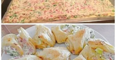 Leckere Flammkuchenrolle aus frischem Teig und herzhaften Belägen