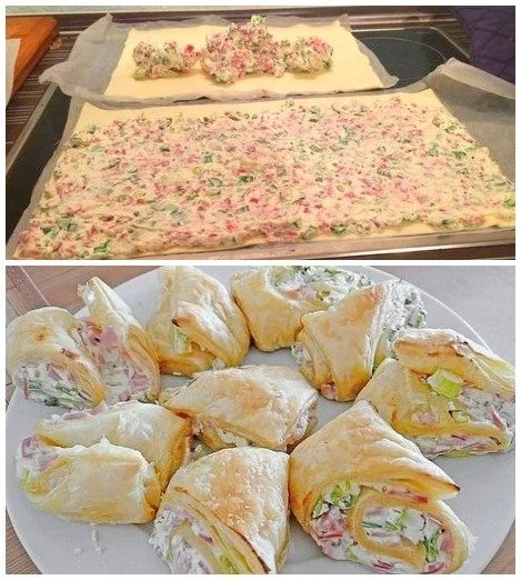 Leckere Flammkuchenrolle aus frischem Teig und herzhaften Belägen