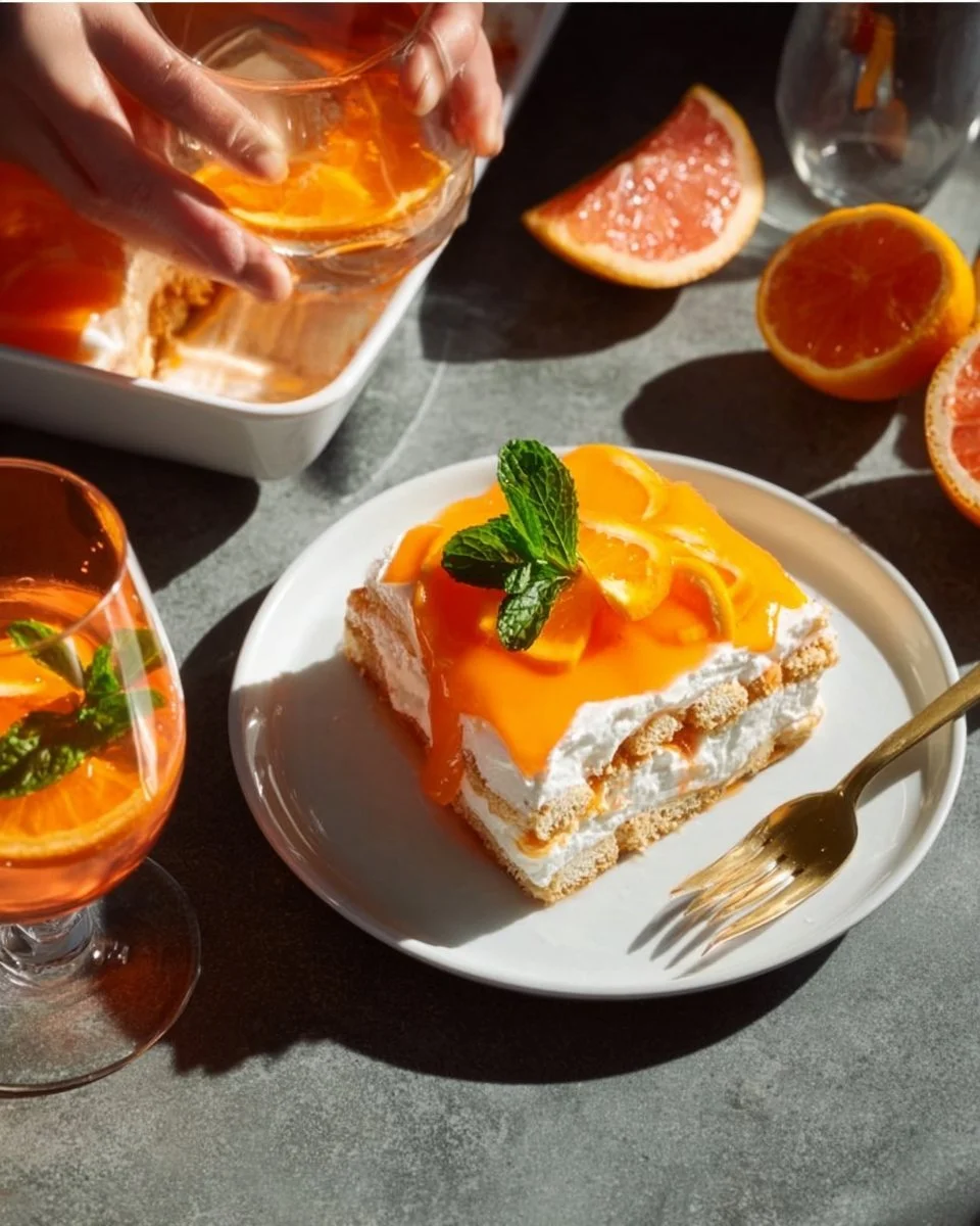 Fruchtiges Aperol Spritz-Tiramisu auf einem Teller serviert