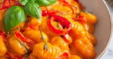 Gnocchi Paprika Pfanne mit buntem Gemüse und Gewürzen serviert