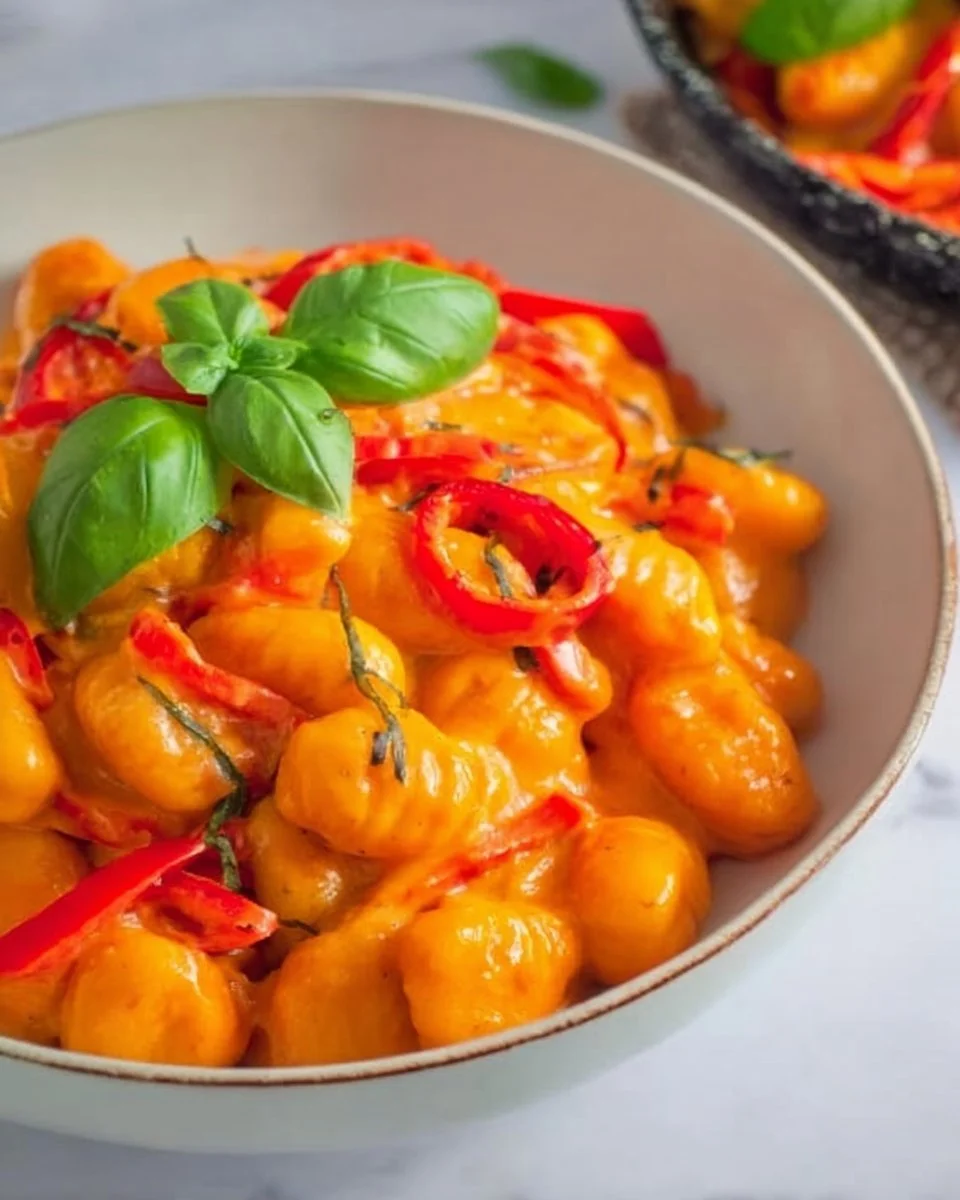 Gnocchi Paprika Pfanne mit buntem Gemüse und Gewürzen serviert