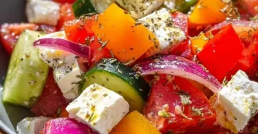 Griechischer Bauernsalat mit frischen Tomaten, Gurken, Feta und Oliven.