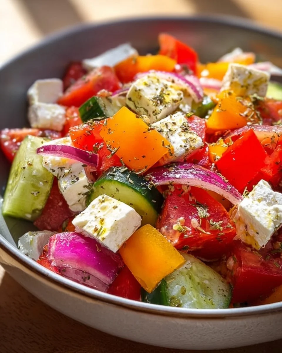 Griechischer Bauernsalat mit frischen Tomaten, Gurken, Feta und Oliven.