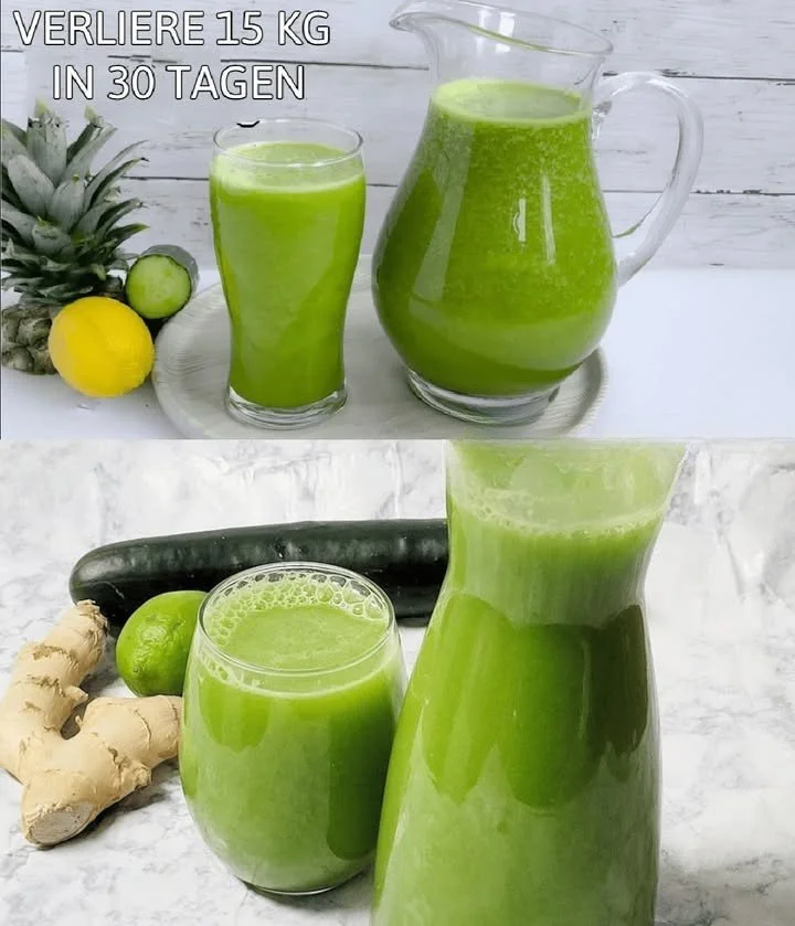 Grüner Smoothie in einem Glas mit frischen Zutaten wie Spinat und Banane