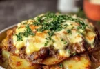 Leckerer Gyros-Auflauf mit Knoblauch und Sauce Hollandaise auf einem Teller