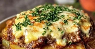 Leckerer Gyros-Auflauf mit Knoblauch und Sauce Hollandaise auf einem Teller