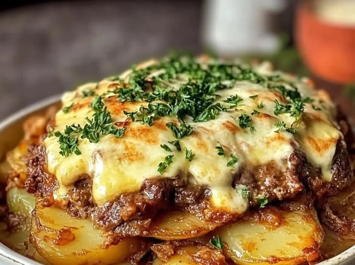 Leckerer Gyros-Auflauf mit Knoblauch und Sauce Hollandaise auf einem Teller