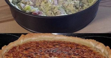 Hackfleisch-Lauch-Tarte mit Gorgonzola auf einem Teller serviert